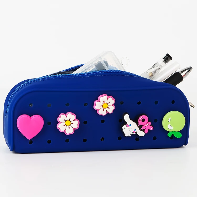 New Design Student Hole Charms Silicone Pencil Case Kid Storage Bag Zipper Pencil Case