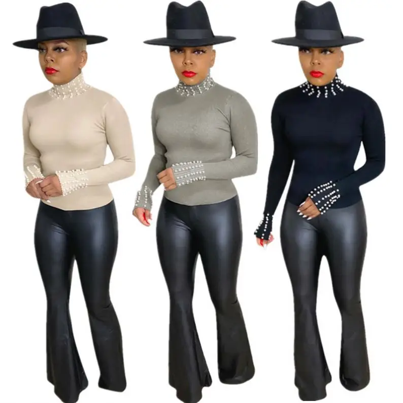 4ST28S Fashion sexy Hot selling Autumn/winter pearl T-shirt with high neck and long sleeves with high spring and small pit