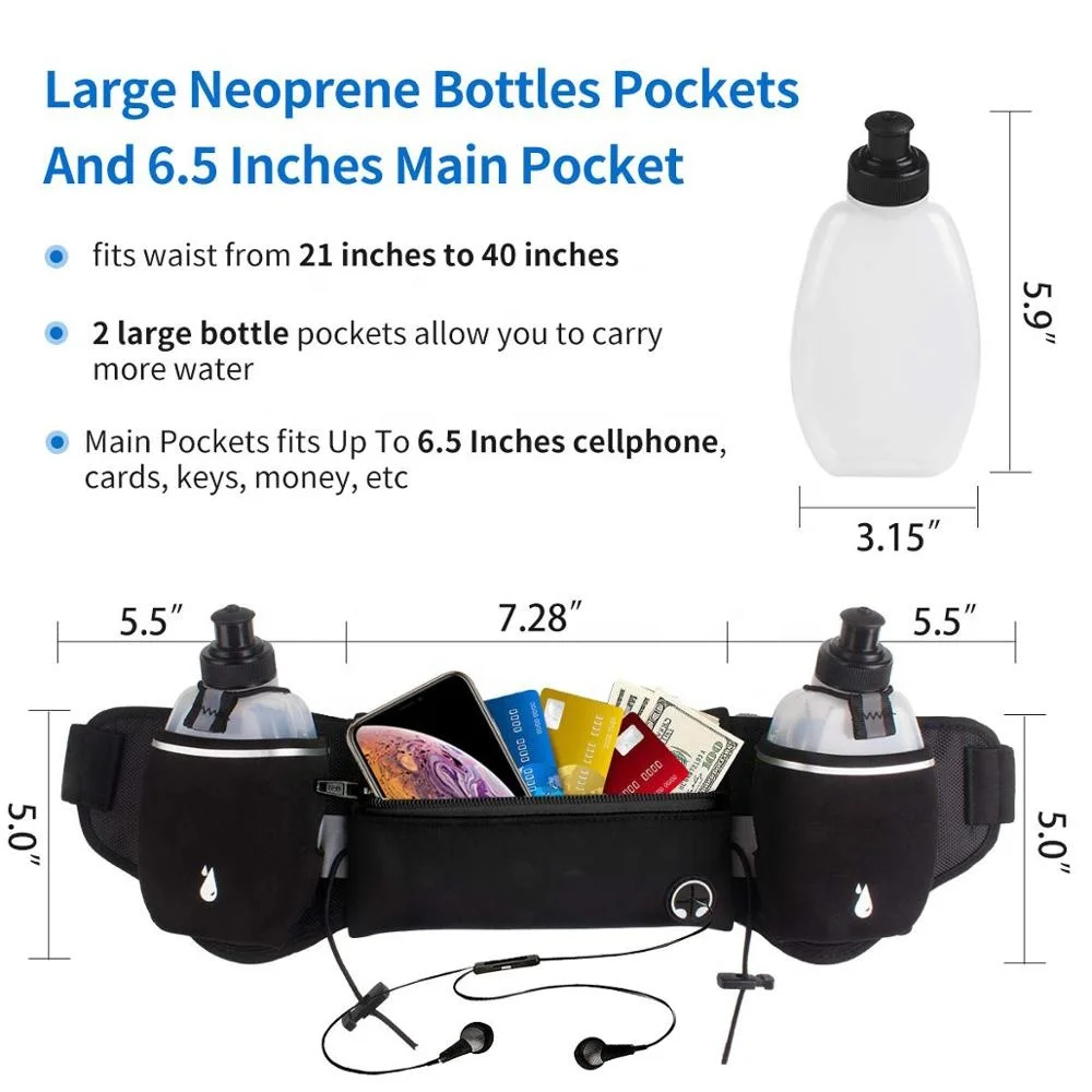 Fashion Runner Fanny Pack Running Belt Neoprene Waterproof Sport Waist Bag With 2pcs Water Bottles