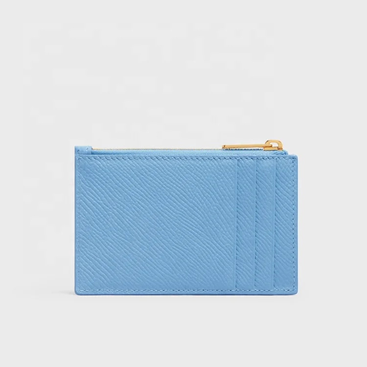 Custom Logo Grained Leather Zipped Card Holders Black Leather Small Zipped Women Cardholders with Three Card Slots