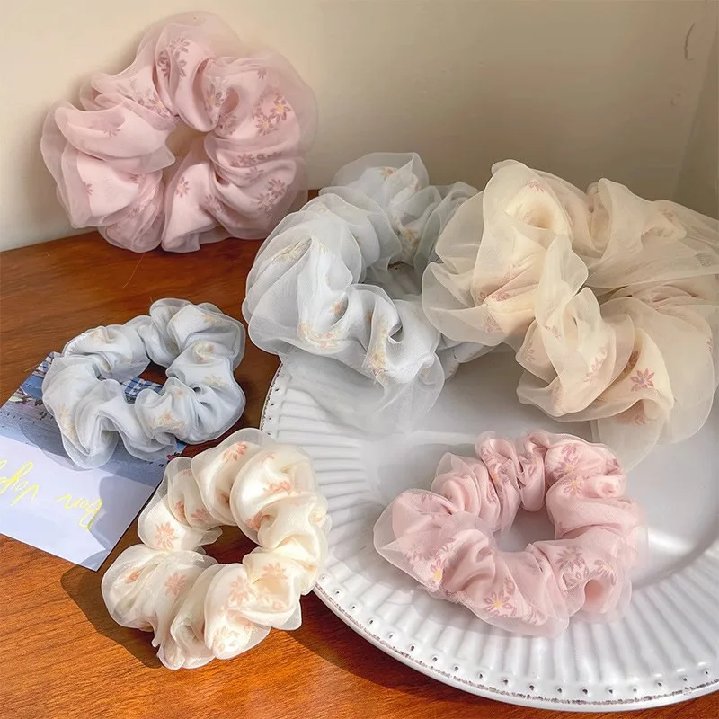 Elegant big mesh flower printing new organza scrunchies hot sale fashion elastic hair scrunchies pink for women girls