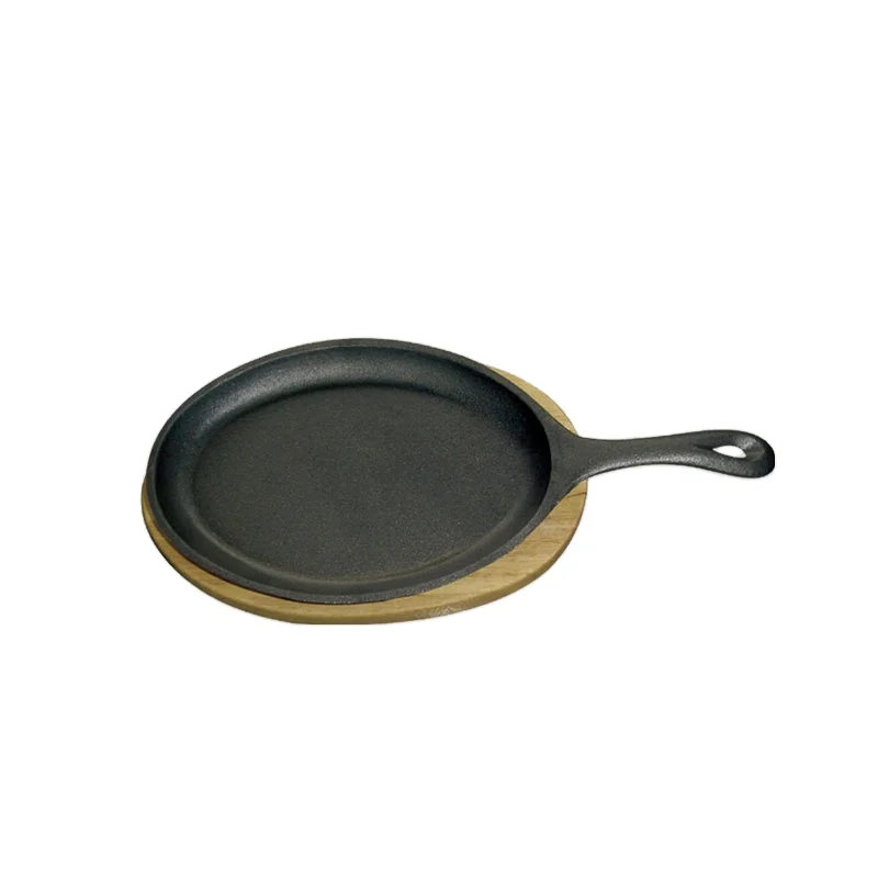 Cast iron plate barbecue meat sizzling plate steak pan BBQ grill with cast iron handles and wooden base