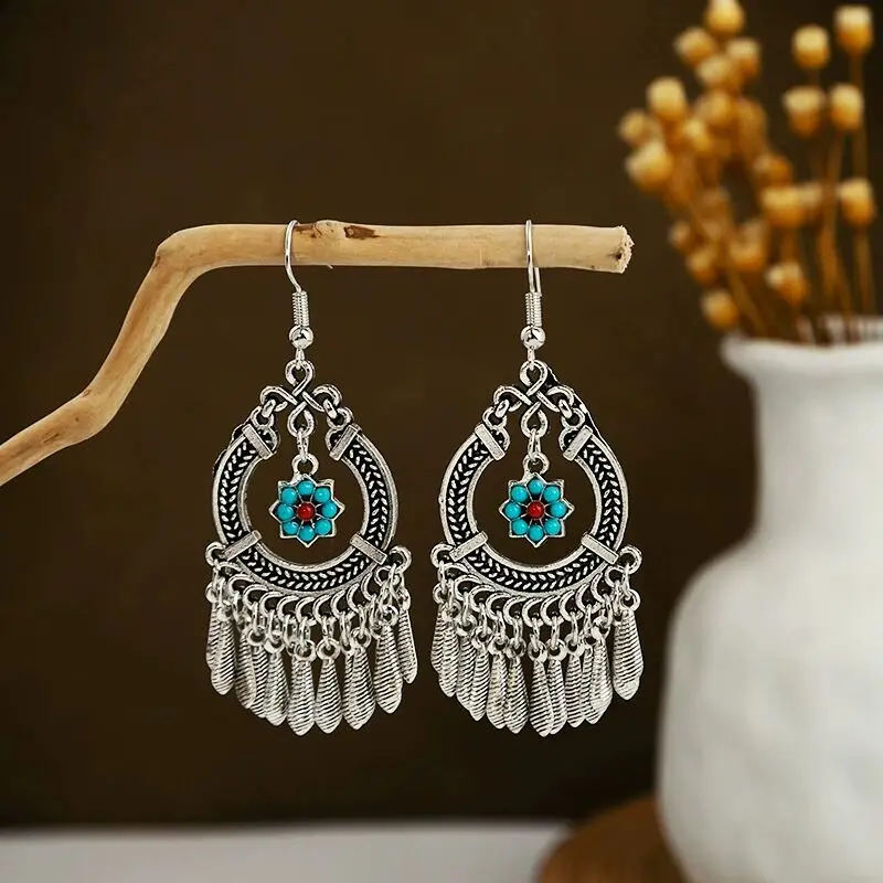 Popular earrings exaggerated retro design bulk in stock colorful water drop ethnic style tassel earrings for women