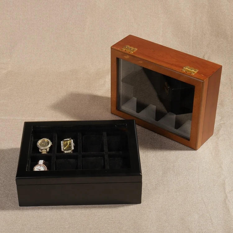 Factory Wholesale Wooden 8-Slot Watch Box Removable Watch Pillow Watch Display Case with Large Glass Lid