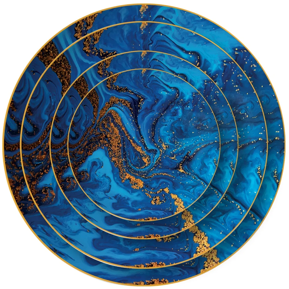 Wholesale new design fine bone china dinnerware sets, 10.5 inch blue marble ceramic dinner plates with gold rim