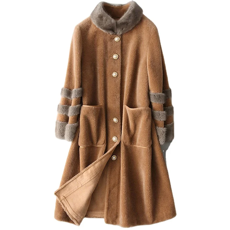 A18149 New women real wool fur coat real mink fur collar casual jacket real fur girl coat lady fall winter warm overcoat