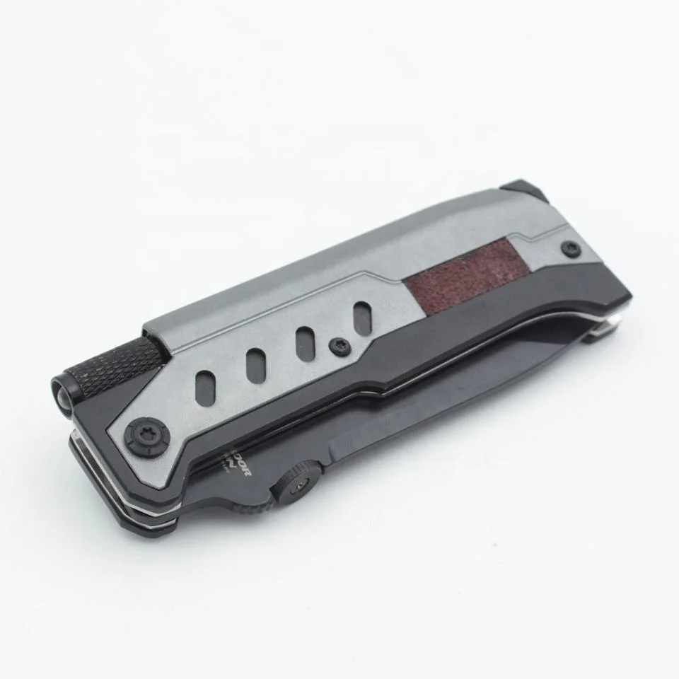 Wholesale Aluminium Handle Blackening Blade Camping Survival Folding Pocket Knife with Fire Starter and Flashlight