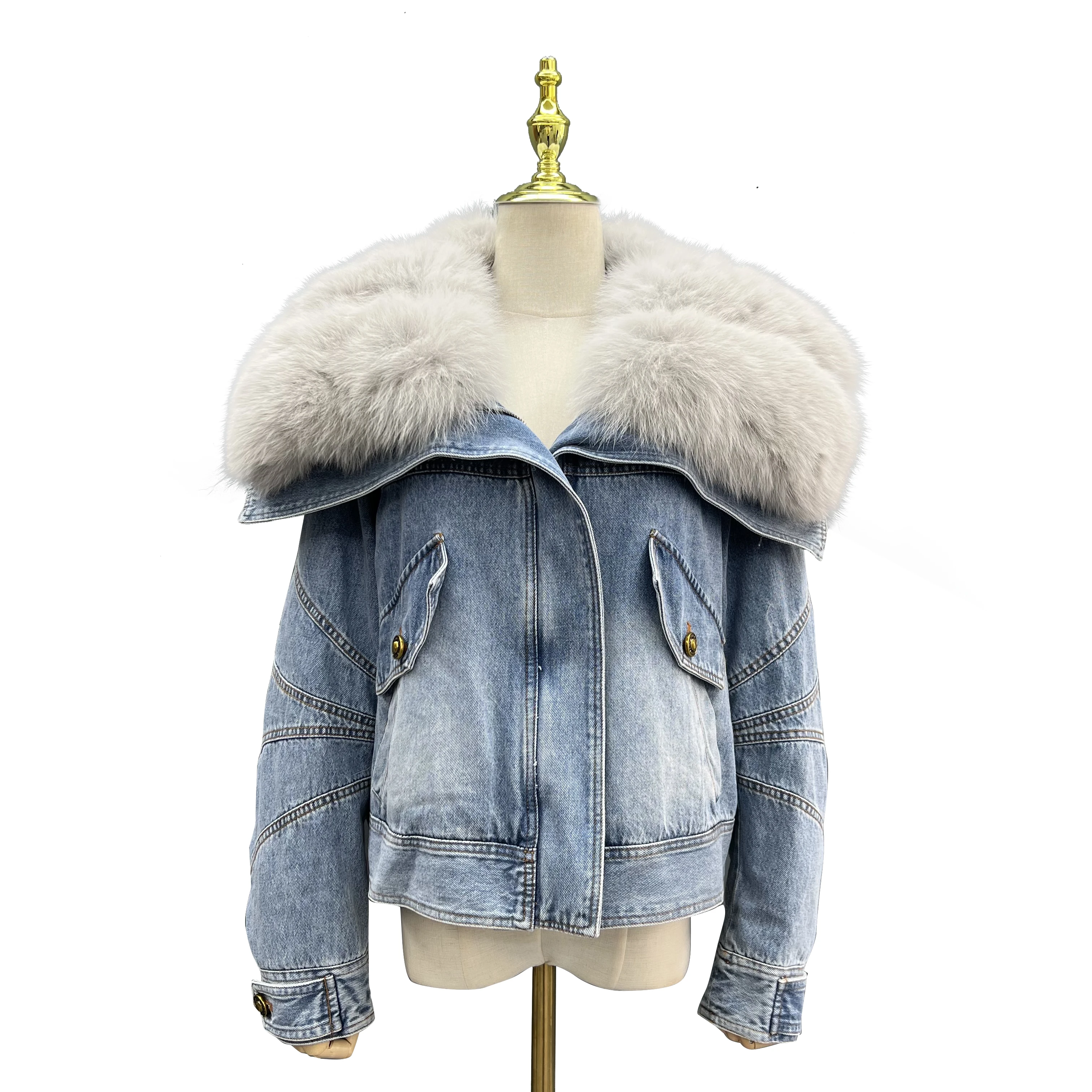 Elegant Big Real Fox Fur Collar Down Coat Feather Lining Parka Denim Fur Jacket