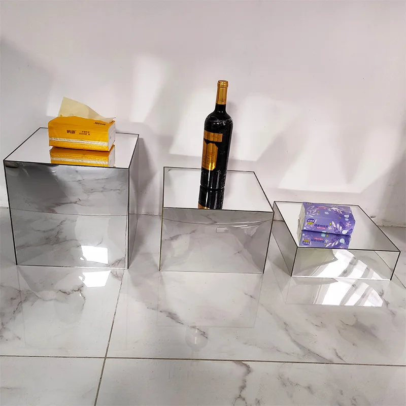 Set of 3 Square Mirrored Display Cube Acrylic Buffet Riser Sliver Mirror Acrylic Catering Buffet Risers Display Food Display