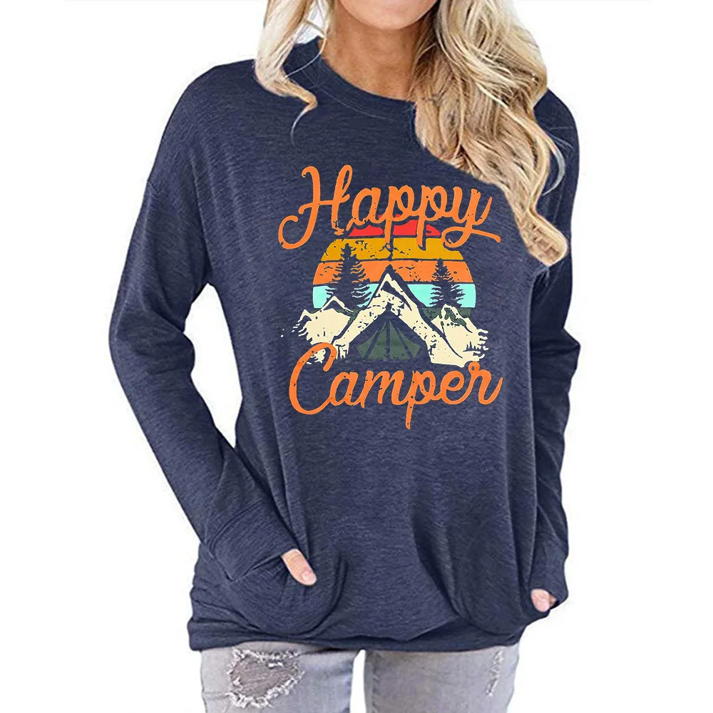 
Wholesale Women Loose Happy Comper Crew Neck Sweatshirt with Pockets female t-shirt 