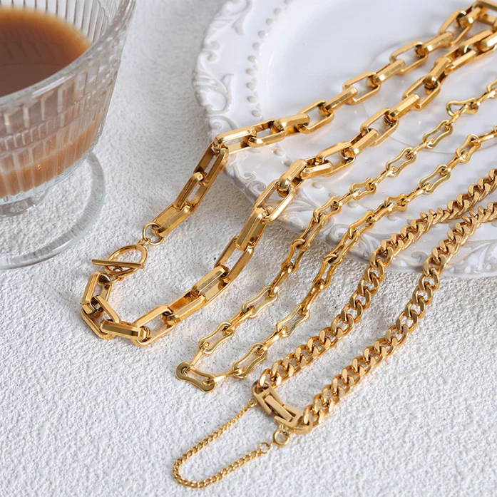 Hip Hop Fashion Thick Link Chain Necklace Bracelets Women 18K Gold Silver Minimalist Chunky Bold Cuban Chain Necklace Set