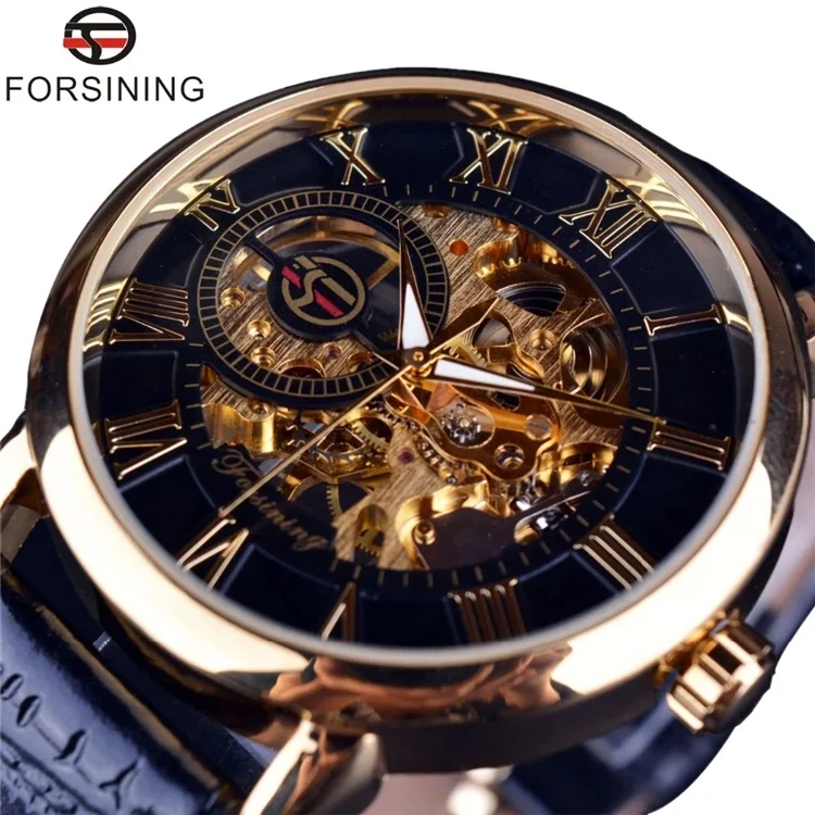 Forsining 2022 3d Logo Design Hollow Engraving Black Gold Case Leather Skeleton Mechanical Watches Men Luxury Brand Heren
