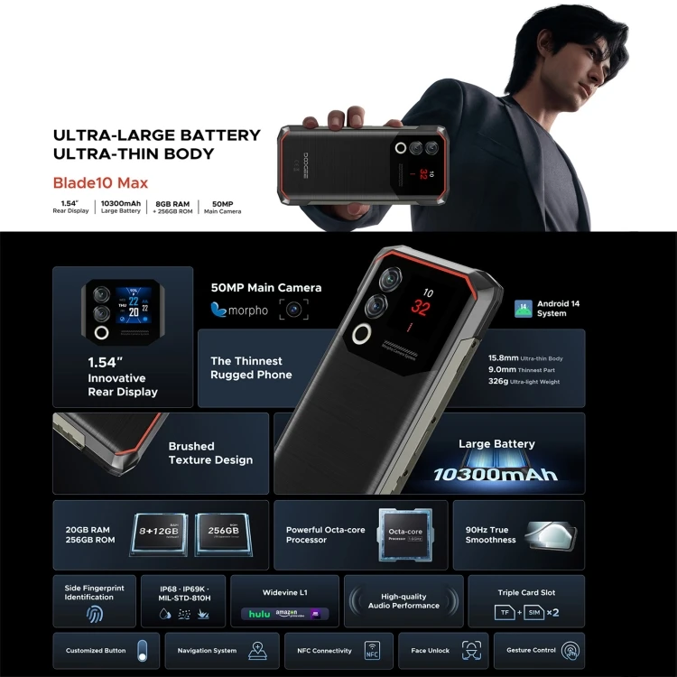 Wholesale Global version DOOGEE Blade 10 Max 8GB+256GB 10300mAh Large battery Android 14 DOOGEE 4G Mobile Phones