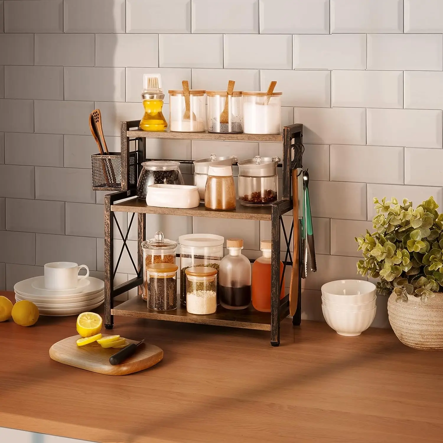 QJMAX 3-Tier Counter Shelf Spice Rack Desktop Organizer With Wire Basket Engineered Wood