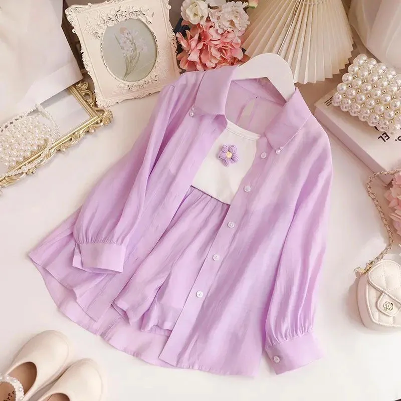 2024  Korea style girls 3 pc set shirt+ vest+shorts cool good quality summer fashion girls suit 3-10t