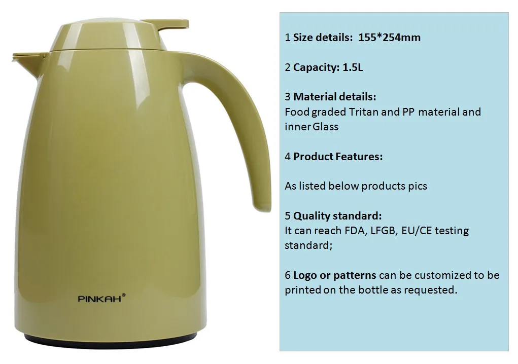 Pinkah wholesale thermos vacuum flask coffee pot glass refill 1.5L tea carafe coffee pot