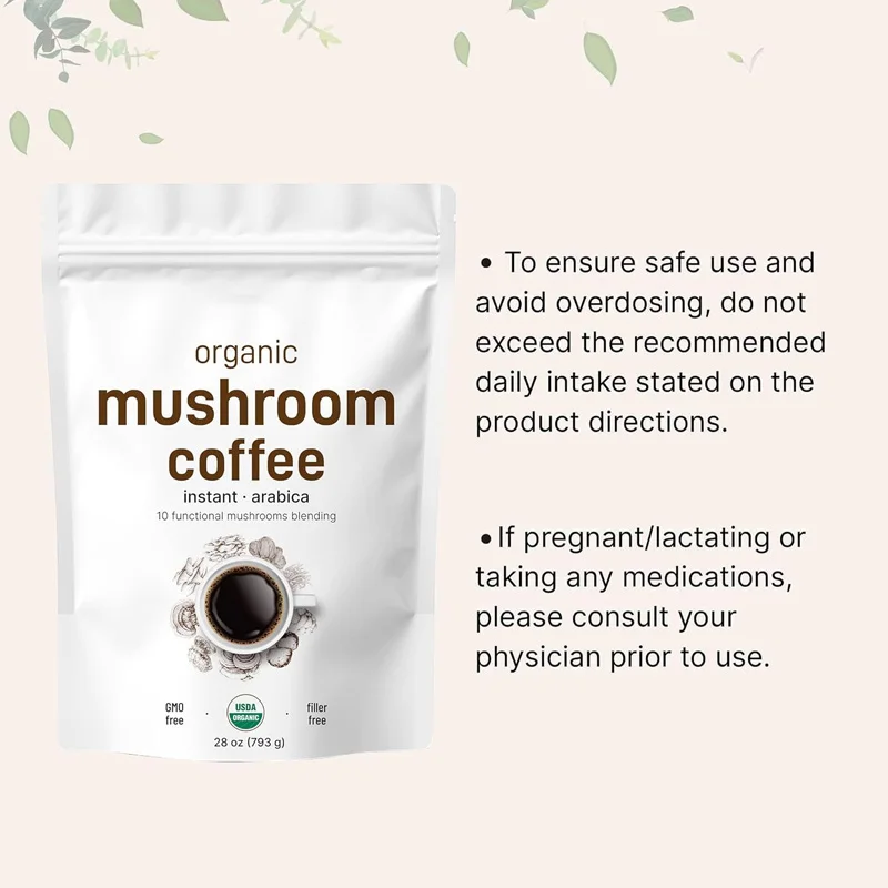Organic Mushroom Coffee Powder Brain Booster Reishi Lions Mane Mushroom Extract Blend Instant Coffee Powder