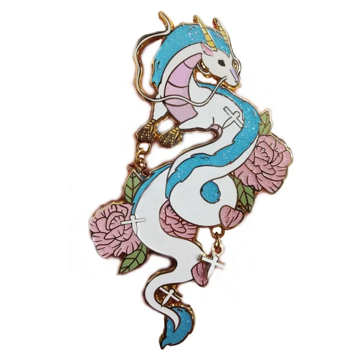 white dragon with cherry blossom logo animal pin with backing  hard enamel screen printing enamel pins ghibli