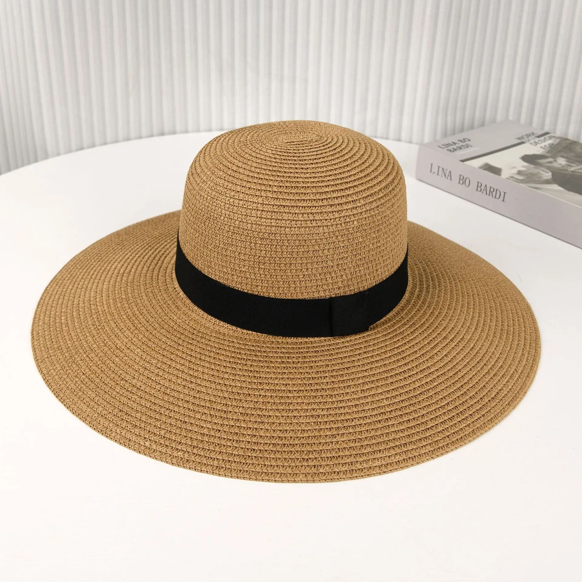 Niyang new design SS24 women summer holiday tropical sun beige camel striped paper straw beach bag and hat sets