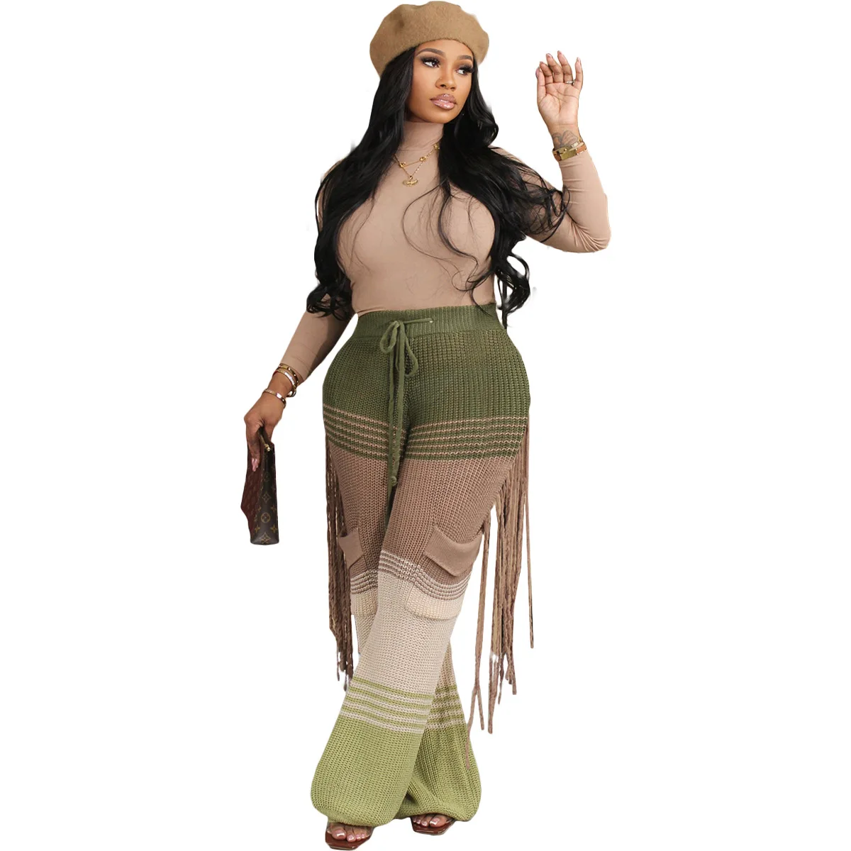 Wholesale fashion casual baggy knitted crochet fringed pants for women