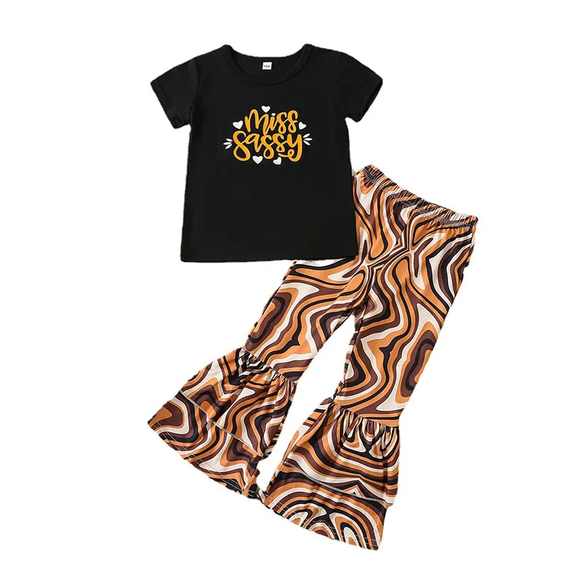 Cheap price miss sassy print girls outfit sets double ruffle pant cute kids boutique clothes wholesale