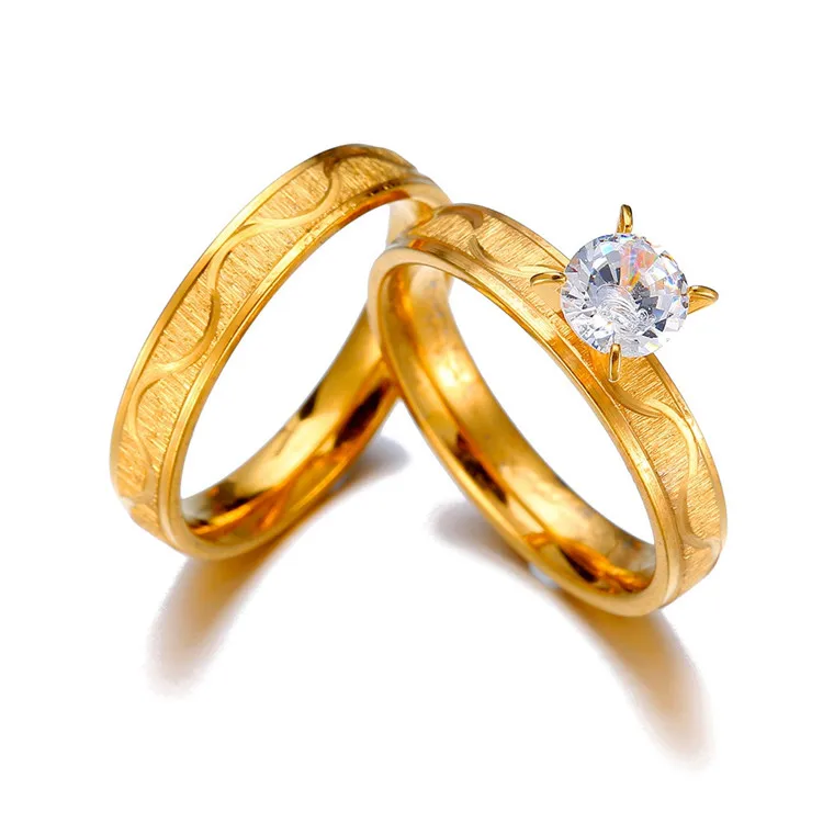 Simple Stainless Steel Wedding Ring For Women Men Gold Color Classic Engagement Alliance Ring Set