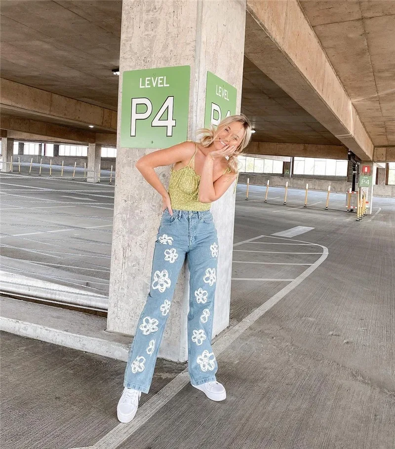 New Vintage flower printed jeans women High waist Harajuku Aesthetic jeans denim streetwear fashion jeans women