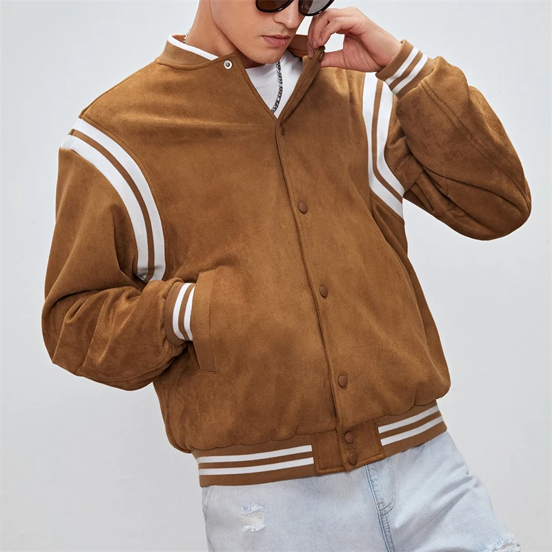 Custom Logo Unisex Letterman Hip Hop Brown Plain Suede Fleece Crop Vintage Winter Casual Men Jacket Coat