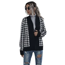 2021 Cardigan Sweater Long Sleeve Geometric Houndstooth Design Knitted Small Fragrance Korean Clip Cardigan Top For Women