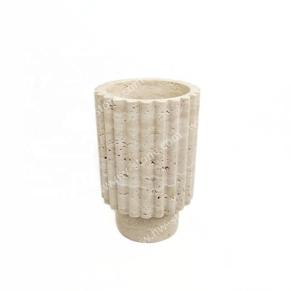 NANWEI Natural Classic Beige Travertine Marble Stone Flower Vase Decoration