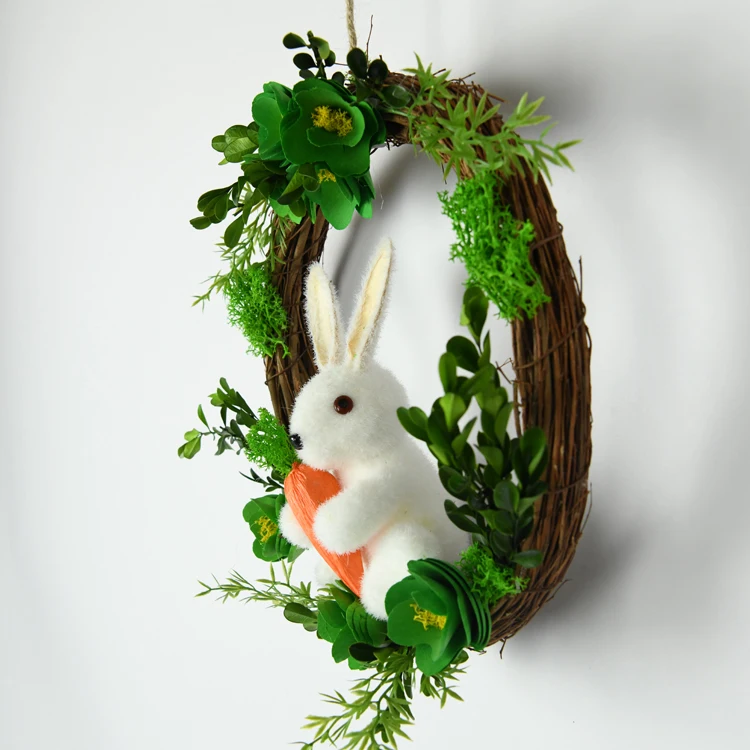Hot Selling Special White Bunny Green Wood Flower Garland Natural Green Moss Easter Decoration Ratton Wreath