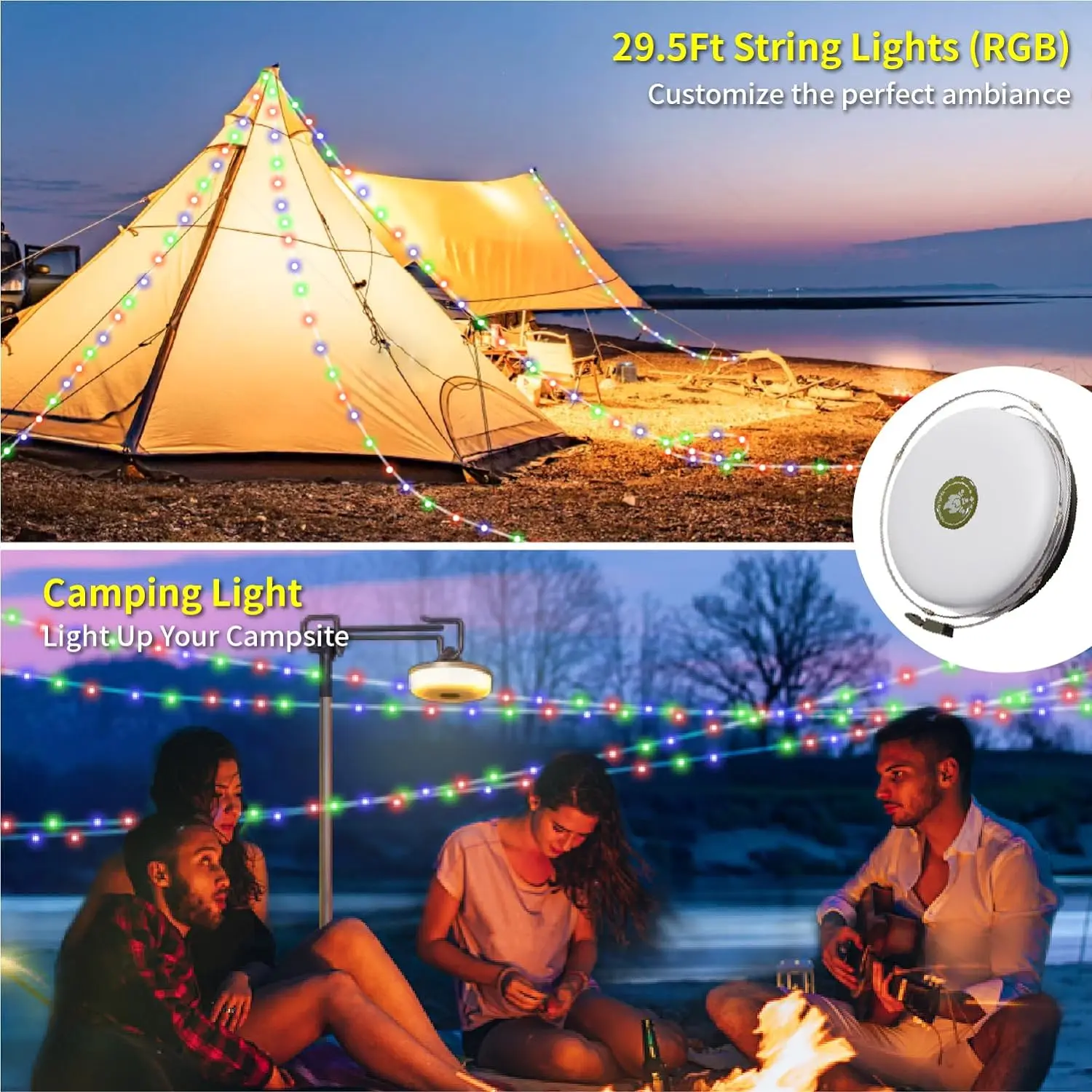 Camping Lights String, 4 in 1 Upgraded Outdoor String Lights with 8 Lighting Modes, 30s Recovery, USB Charging