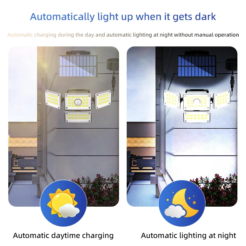 Solar Outdoor Lights Remote Control 4 Heads Motion Sensor Lights IP65 Waterproof 270 Wide Angle Flood Wall Lights With 3 Modes