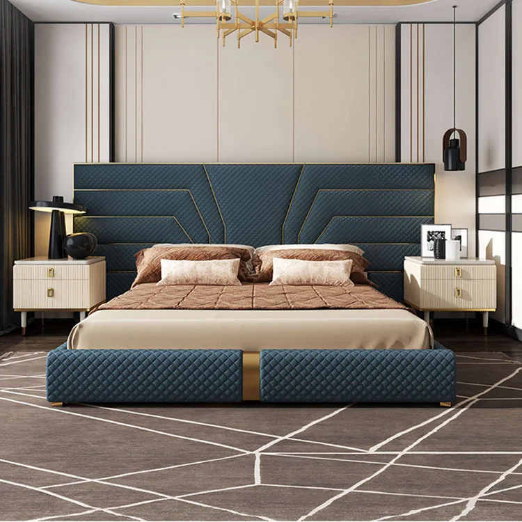 High Quality Solid Wood Leather Rawalpindi Bed Furniture Morden Leather Bed Back Designs
