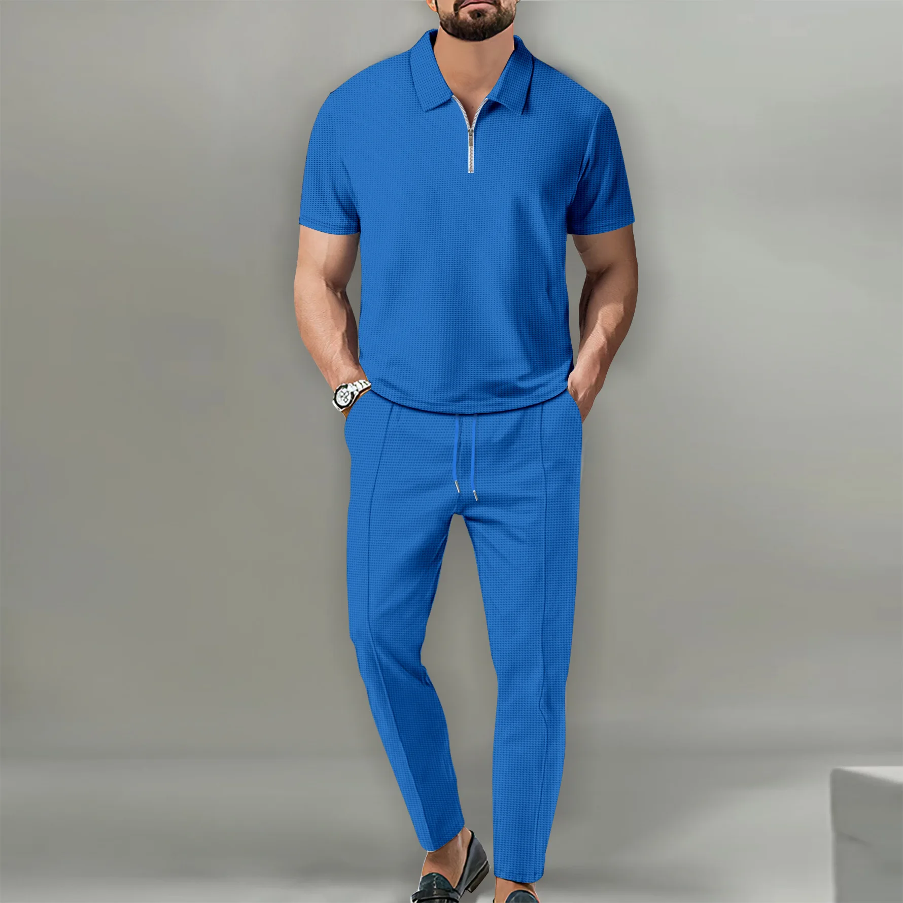 Designer Fashion Stylish Luxury 2 Piece Set for Men Waffle Polo Zipper Tshirt and Pants Two Piece Suit