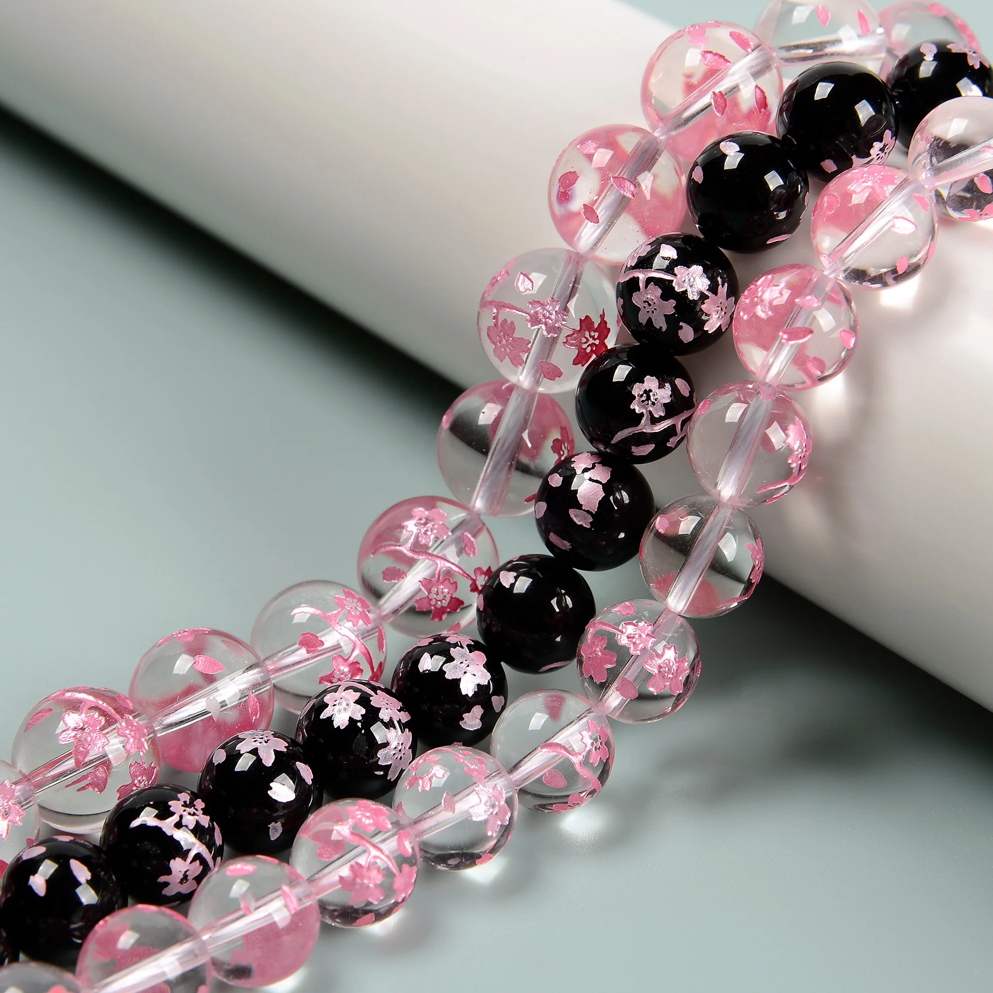Loose 10mm 12mm Pink Sakura Flowers Carved Bead Strand Clear Quartz Black Onyx Round Flower Beads for Jewelry Making Bracelet
