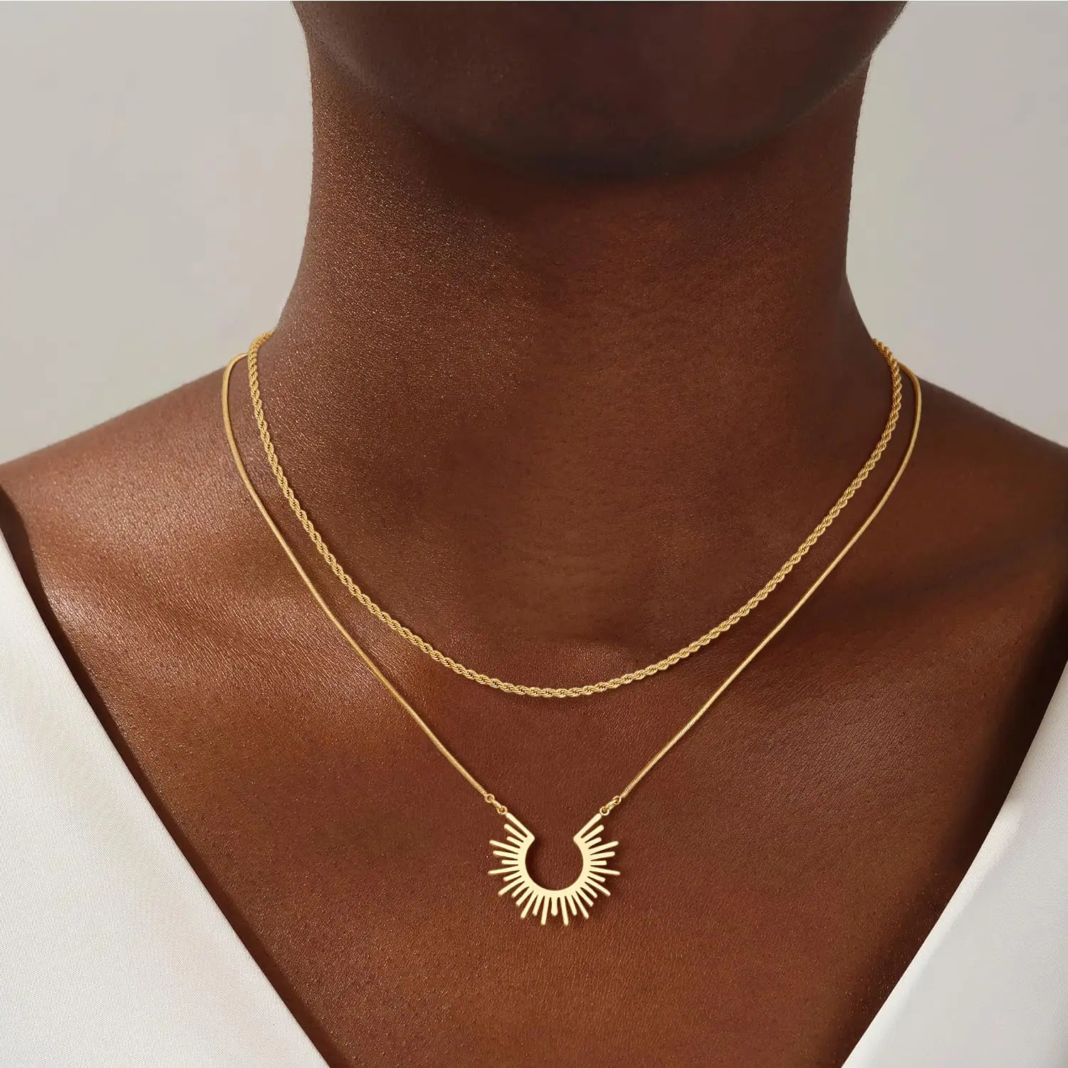 Minimalist Non Tarnish 18k Gold Plated Jewelry Hypoallergenic Double Layer 925 Silver Zircon Moon Sun Flower Necklace for Women
