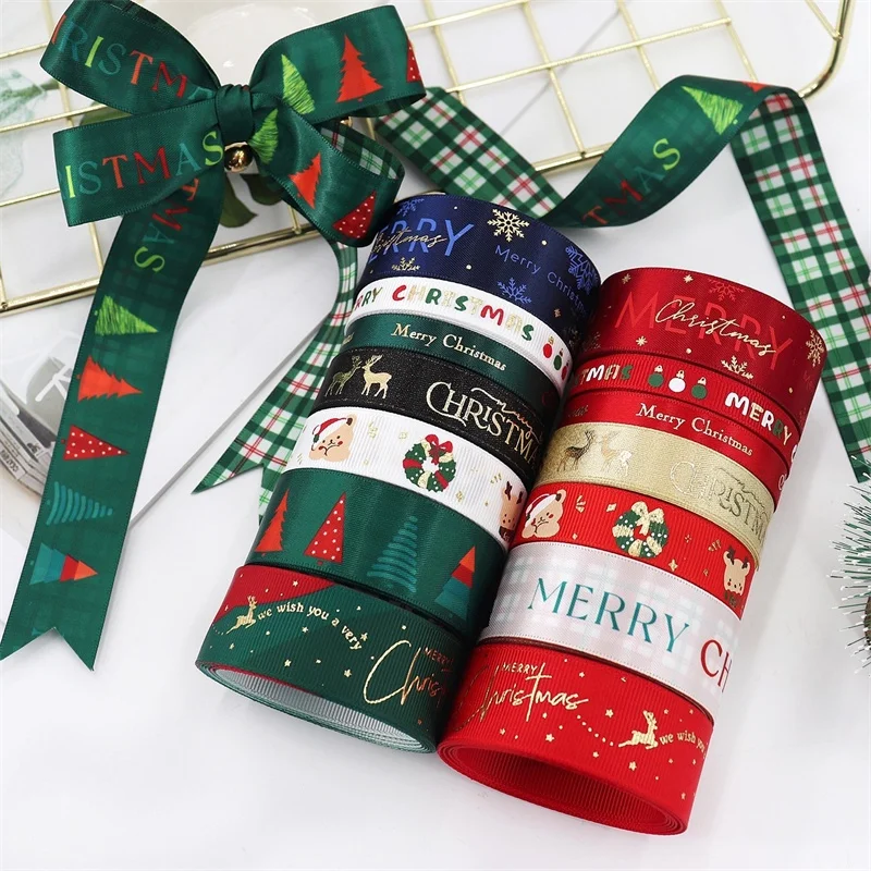 Wholesale Christmas Ribbon for christmas tree grosgrain Satin ribbon Red Gold Elk Printed Webbing DIY for packaging Xmas Box