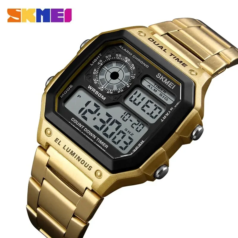 Skmei 1335 Top Luxury Stainless Steel Strap Countdown Sport Watch Mens Waterproof Back Light Digital Wristwatch Male Alarm