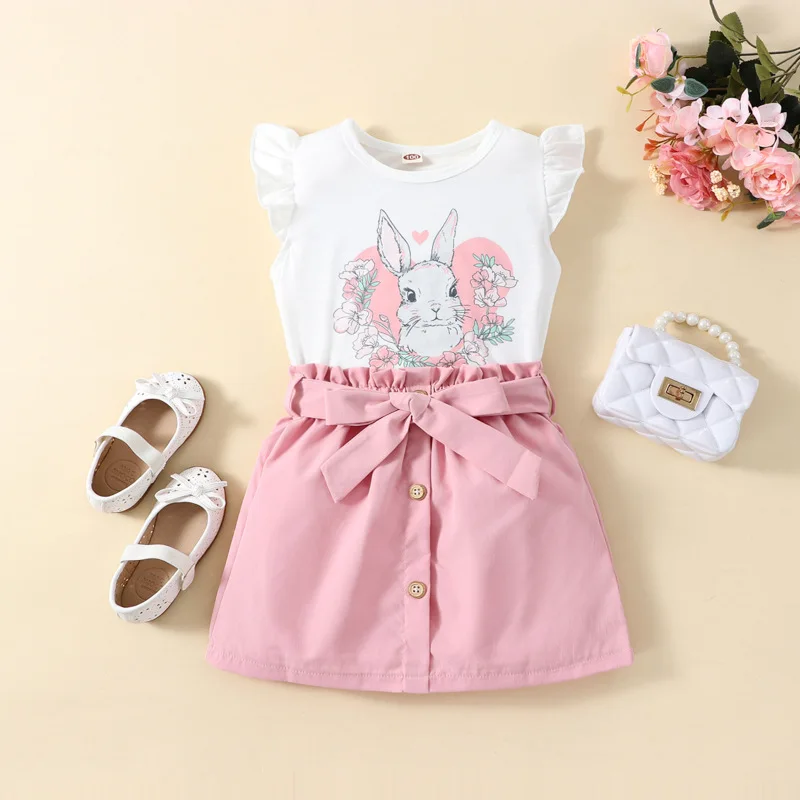 2023Amazon Ebay explosive Easter love rabbit flying sleeve middle children girls skirt suit pink summer everything
