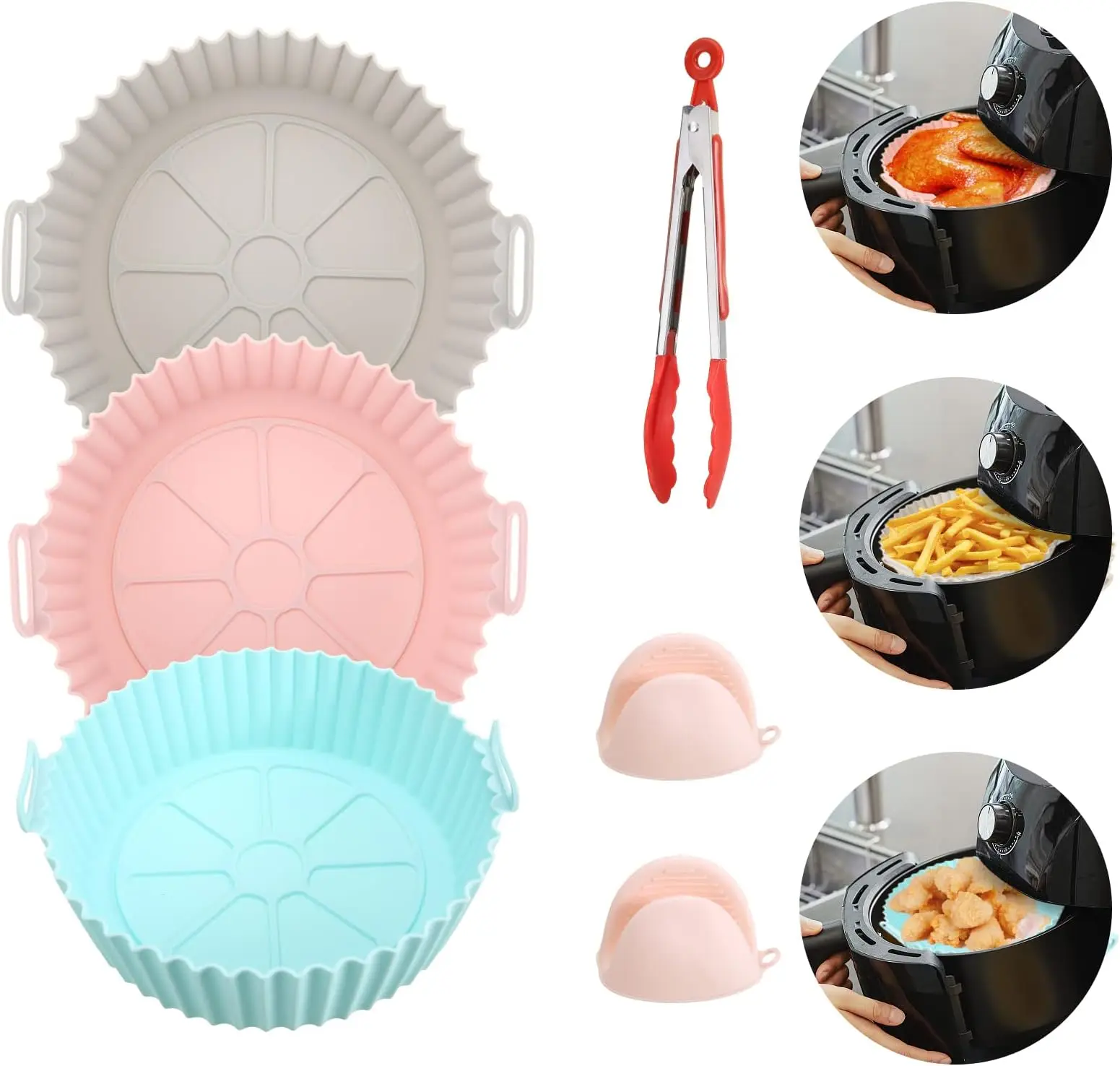Custom Deep Collapsible Reusable Silicone Air Fryer Pot Baking Tray Basket Pan Air fryer Liners Pot Set Oven Molds Accessories