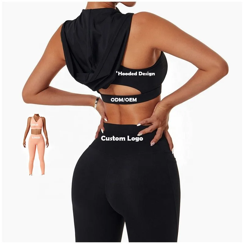 Women Seamless Gym Sport Yoga Bra with Hooded Workout High Waist Legging Plus Size Fitness 2Pcs Sets