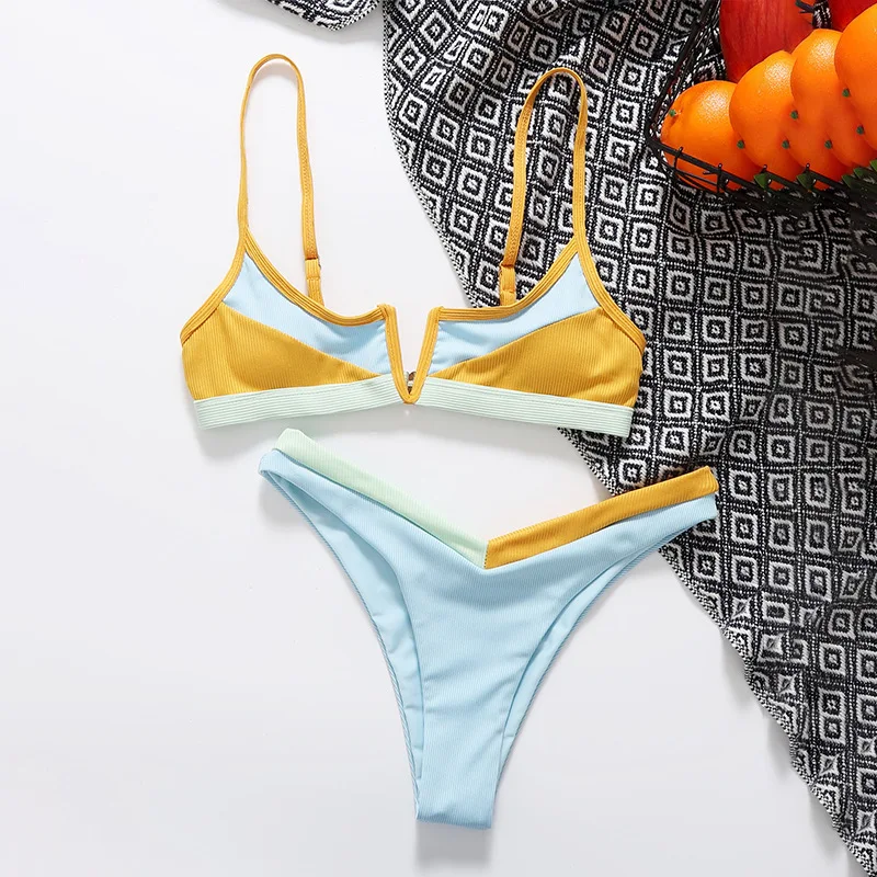 Ribbed Sexy Women Bikini Swimsuit 2 Piece Set Patchwork Beachwear Bathing Suit Girls Multicolour Thong Swimwear