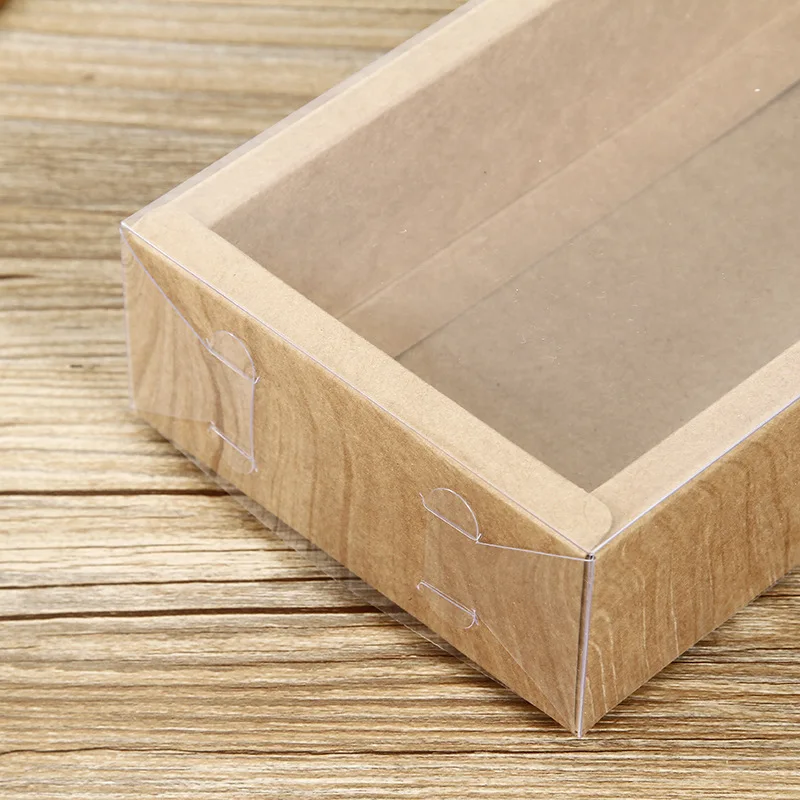 Wholesale custom small rectangle transparent plastic lid tray recyclable kraft paper gift packing boxes with clear PET cover
