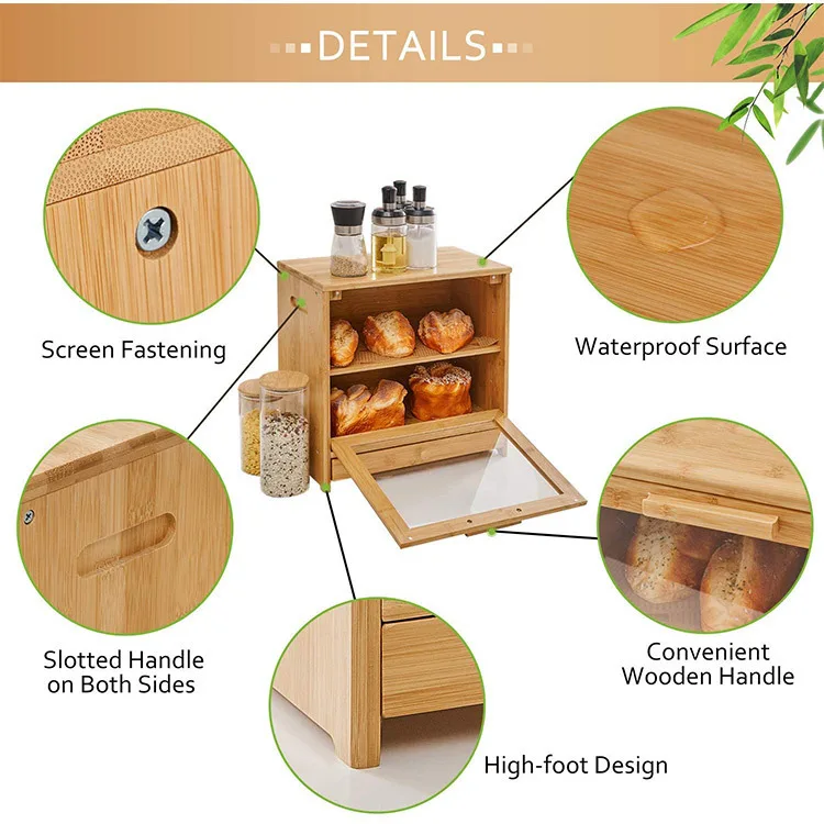 Bamboo Bread Box For Kitchen Counter2 Adjustable Layer Wooden Bread Bin With ClearWindow And Storage Drawer
