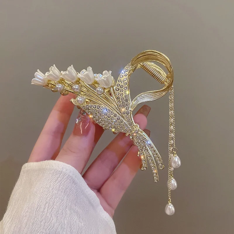 Elegant Large 13cm Hair Clip with Pearl Rhinestone and Lily of the Valley Tassel and Wheat Design