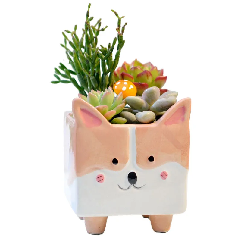 cute cartoon animal corgi shaped ceramic succulent cactus flower plant pot planter for home garden office desktop decorative