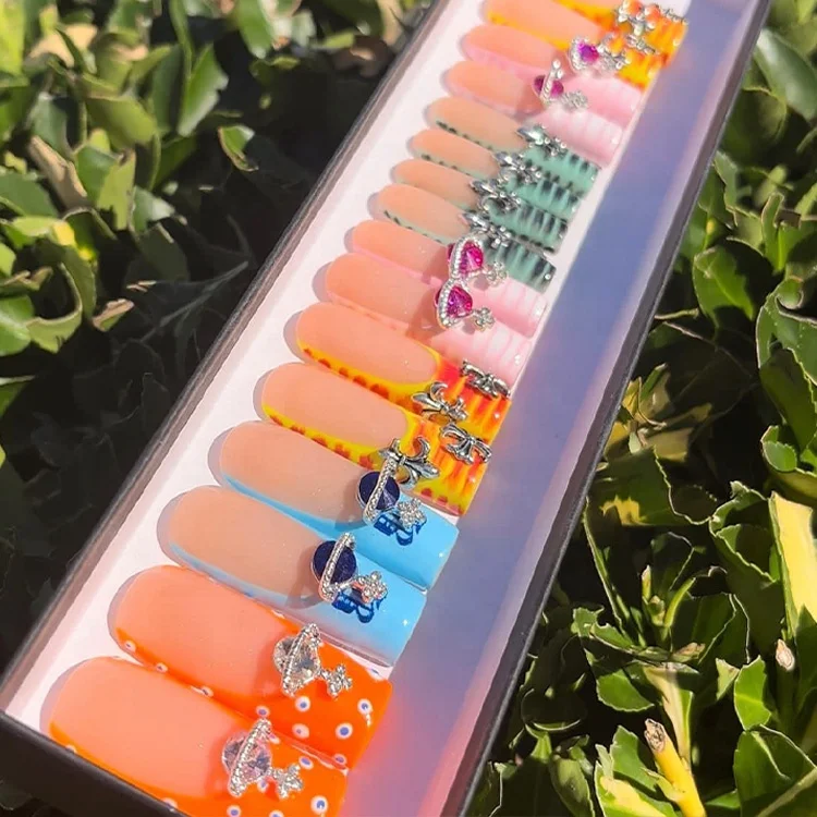 Naixi 2023 Hot Sell Free Samples Nails Press on Ballerina Acrylic Nails Diamond Custom Medium Coffin French 24pcs/Box Blind Box