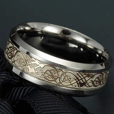 
Green Glow In The Dark Dragon Texture Male Silver Ring Polishing Stainless Steel Ring Man 