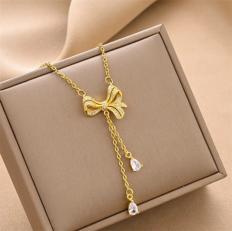 Gold Plated Stainless Steel Pearl Zircon Clover Bow Heart Layered Pendant Necklace Women Opal Letter Pendant Necklace